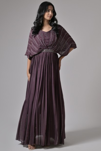 Wine Chinnon Hand embroidered Gown